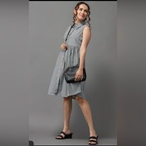 WEZC Summer sleeveless button-up dress S gathered waist high-low striped